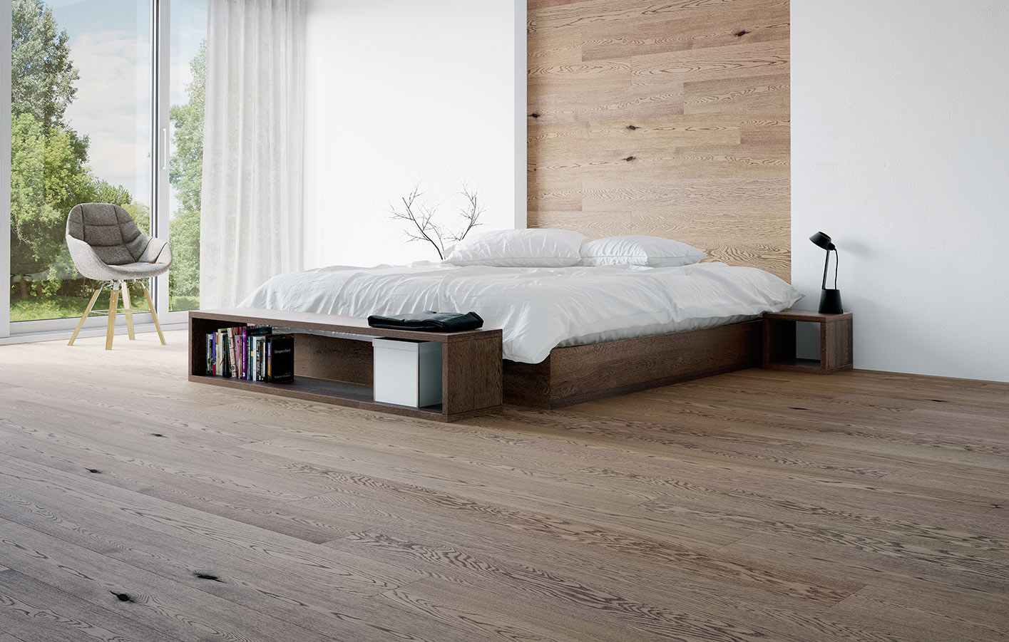 modernes Schlafzimmer mit einem schönen Holzboden
