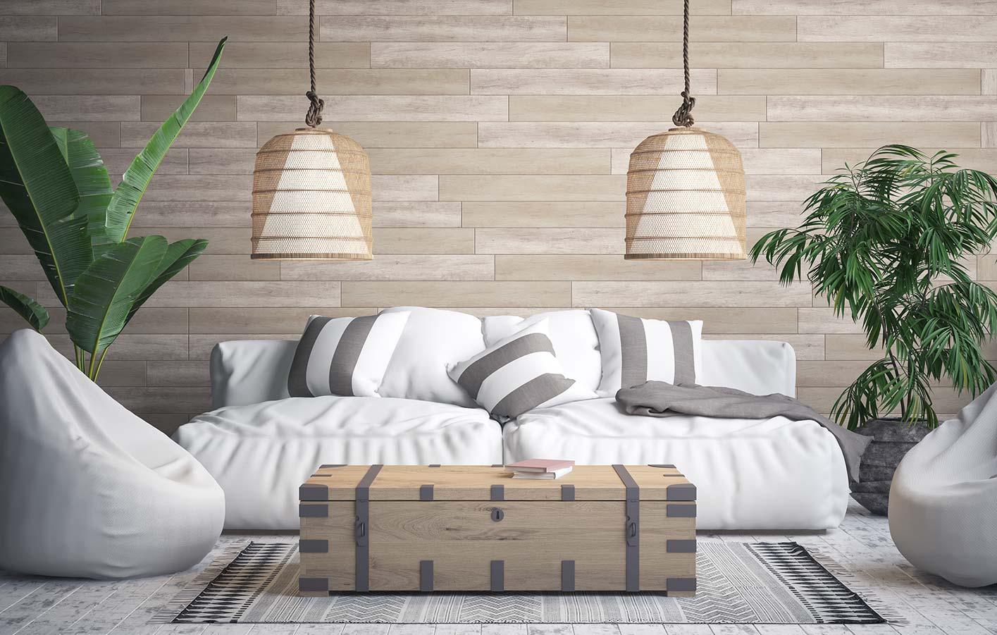 moderne Wand- und Deckengestaltung, Paneele, Holzdecken oder Dekorpaneel im Wohnzimmer